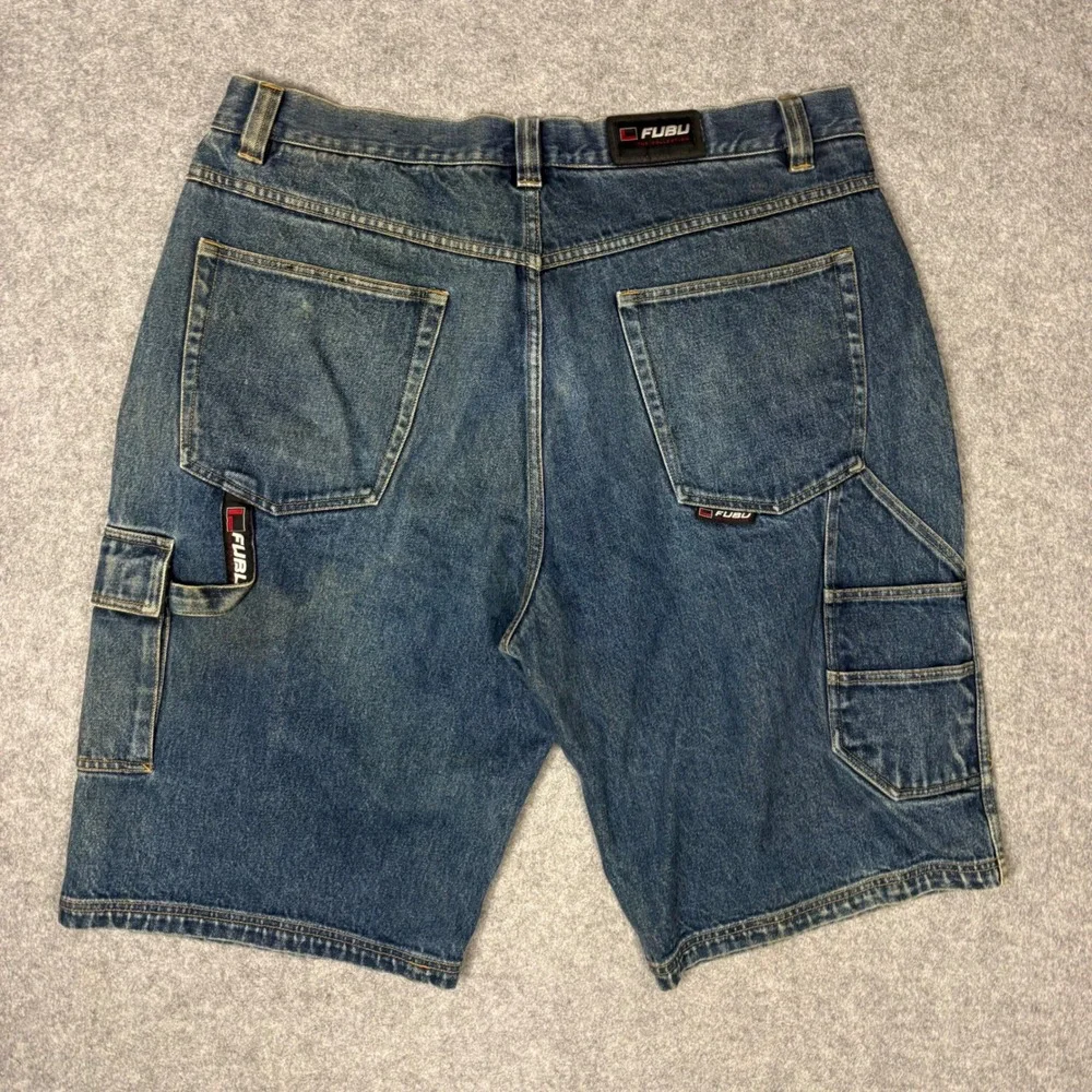 Vintage FUBU The Collection Carpenter Denim Shorts Men 42 Baggy Blue 90s Hip Hop